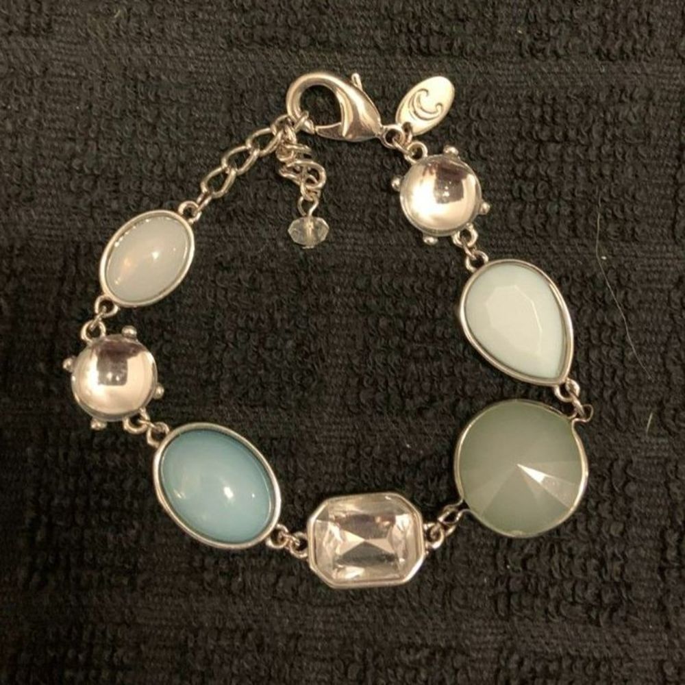 Silver Tone Bracelet Blue and Clear Stones 8 1/4"
